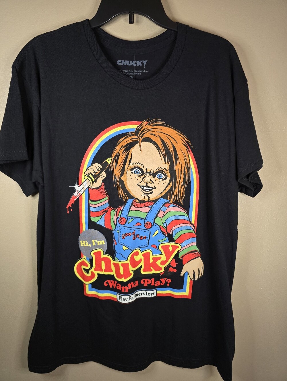 Chucky Wanna Play Black T-Shirt Size L Mens, Spencers Horror Halloween